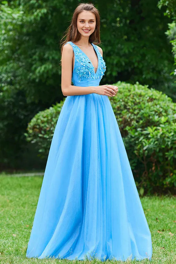 Prom Dresses Stores Blue V Neck A Line Sleeveless Appliques Backless Floor Length Prom Dresses Formal Women's Dresses